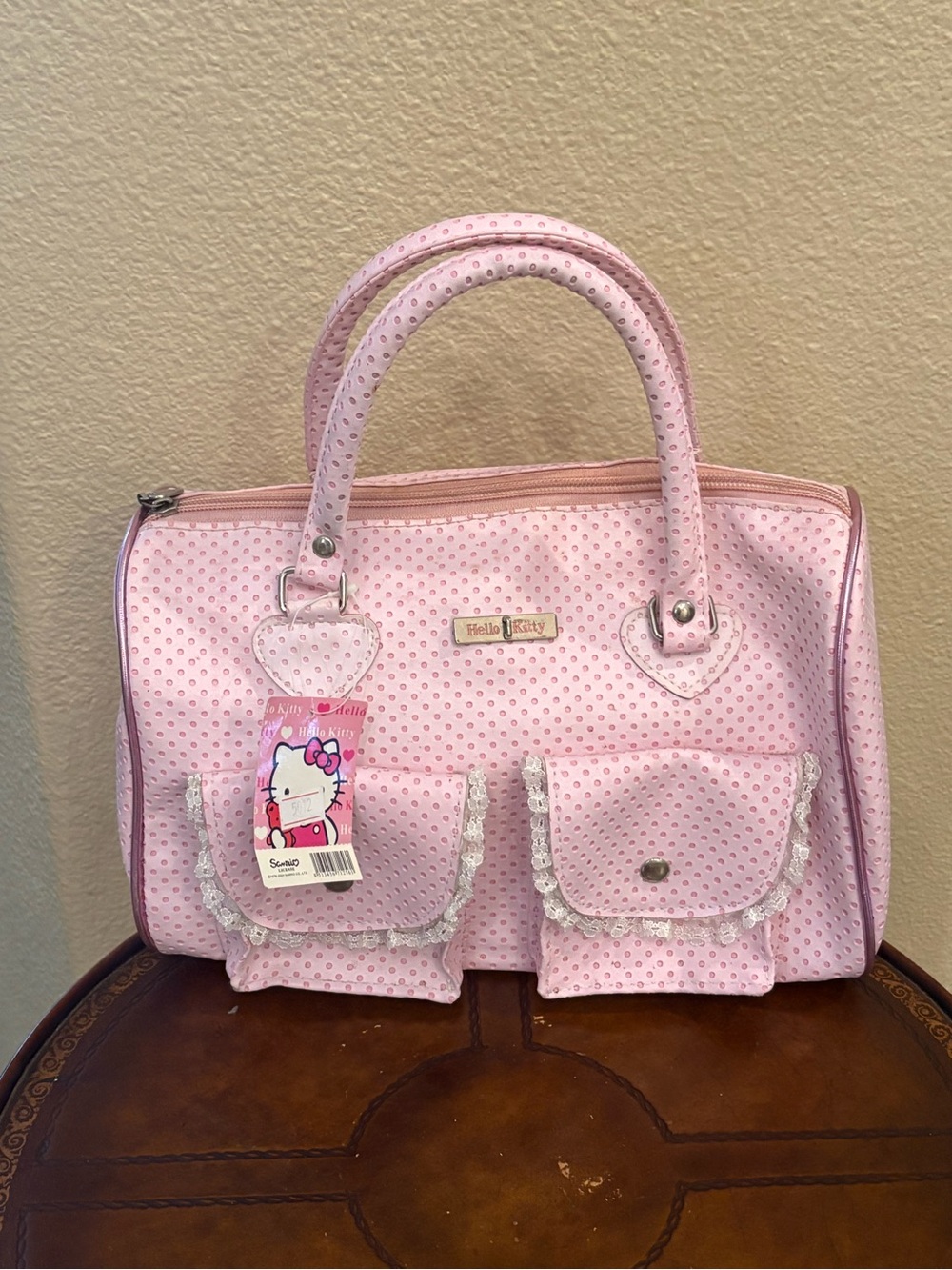 Hello Kitty Light Pink Perforated Lace Trim Satchel Front Pockets Y2K Bag 8”x11”